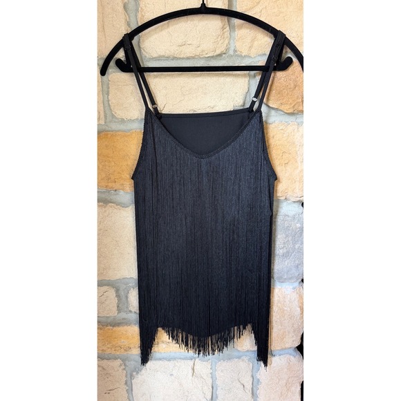 Tops - Black Fringe Camisole Top Adjustable Straps Ribbed Back 2XL Party Festival